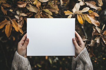 Poster - Blank paper held by hands surrounded by autumn leaves in a peaceful natural setting. Generative AI