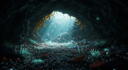 Wall Mural - a hidden cave filled with shimmering pearls, mysterious sea plants, and glowing creatures.