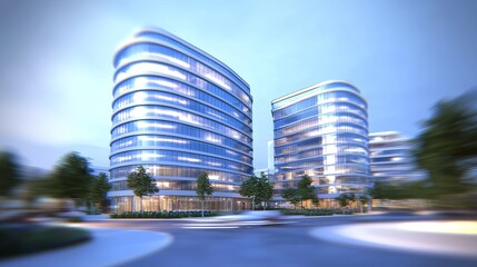 Poster - A low angle shot showcasing futuristic architecture, featuring a skyscraper with curved glass windows