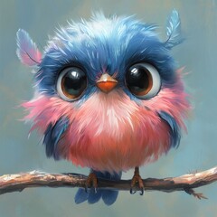 Poster - Depict cartoon bird with vibrant feathers of blue and pink sitting on a branch its large eyes wide with curiosity each feather meticulously shaded to enhance its whimsical appearance