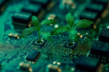 Poster - A processor with a growing plant illustrates the harmony between nature and computer technology, emphasizing eco-friendly and sustainable tech, featuring modern microchips, green leaves, and the
