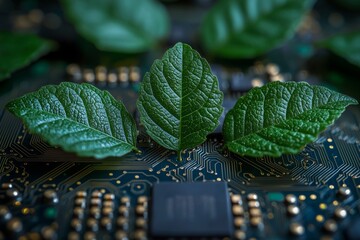Poster - Modern green leaves growing from a computer processor symbolizing sustainable tech and natural beauty