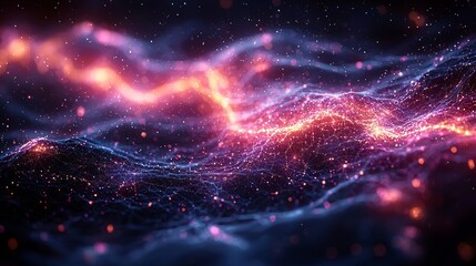 Poster - Abstract purple energy particles and waves, magical and bright, glowing with a futuristic hi-tech vibe, featuring a blur effect and a bokeh background