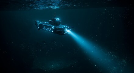 Wall Mural - a high-tech submarine navigating through an unexplored trench, scanning the dark waters.