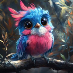 Poster - Depict cartoon bird with vibrant feathers of blue and pink sitting on a branch its large eyes wide with curiosity each feather meticulously shaded to enhance its whimsical appearance