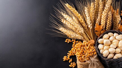 Wall Mural - Wheat harvest, gnocchi, autumn leaves.  Food photography for recipe blogs