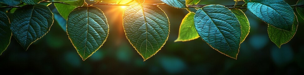 A natural green banner background with a summer or spring scene featuring fresh green leaves and sun flares
