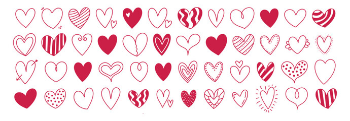 Wall Mural - cute simple doodle hearts sketch set. different hand drawn heart icon love collection isolated on wh