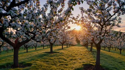 Poster - An idyllic orchard view at sunrise, where rows of flowering trees glow in the soft morning rays, set against rolling green hills.