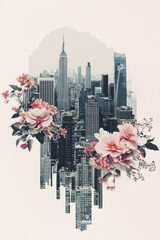 Leinwandbilder - Melting cityscape collage blending geometry with floral elements on a minimalist background
