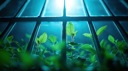 Wall Mural - Green Leaves Growing Through Window Inside Dim Light Environment