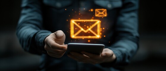 Poster - Person using smartphone to send glowing email notifications