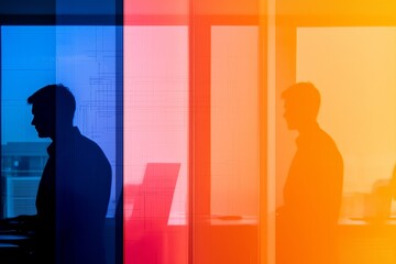 Poster - an open space office interior with a modern neon cyberpunk aesthetic and blurred information technol