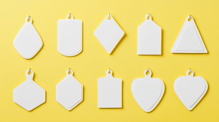 Leinwandbilder - Set of white name badges in different shapes, isolated on a pastel yellow background