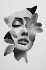 Poster - Collage of geometric shapes and flowers with a distorted melting face