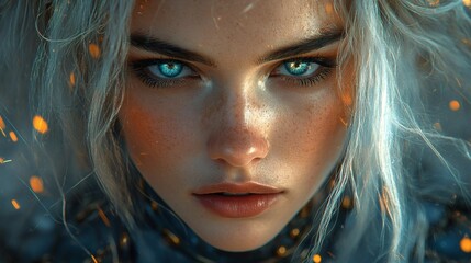 Poster - Depict powerful steampunk warrior woman in a hyperrealistic style her silver hair flowing adorned in metallic armor with cogs and spikes fierce expression and flames weaving through her hair