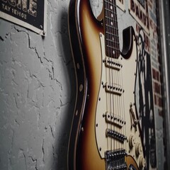 Poster - A close-up of a vintage electric guitar with chipped paint and rusted hardware, against a faded brick wall adorned with tattered band posters.
