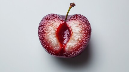 Wall Mural - Fresh Red Plum Sliced in Half with Juicy Flesh and Seed Visible