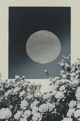 Poster - Minimalist collage of geometric sun with floral elements and a contrasting background