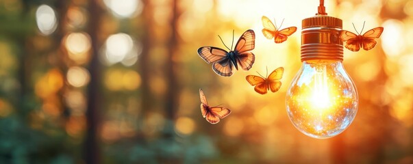 Poster - Illuminating butterflies dance around a light bulb in a serene forest setting