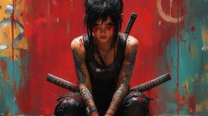 Poster - Depict young girl crying red tears kneeling with a katana for support her tattoos vivid against her modern streetwear surrounded by graffiti and cosmic colors blending Ghost in the Shell aesthetics