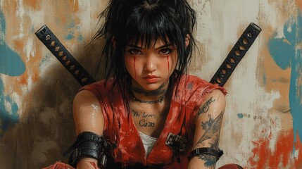 Poster - Depict young girl crying red tears kneeling with a katana for support her tattoos vivid against her modern streetwear surrounded by graffiti and cosmic colors blending Ghost in the Shell aesthetics