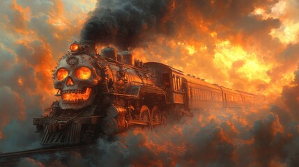 Fototapete - Chilling image of a skullshaped locomotive intricately detailed with gears and pistons puffing thick smoke into a twilight sky full of swirling clouds and dark hues