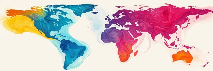 Poster - Abstract Watercolor World Map, Artistic Representation of Global Data and Connections