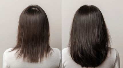 Poster - Before and after hair transformation showcasing thin hair versus thick hair in a beauty salon setting. Generative AI