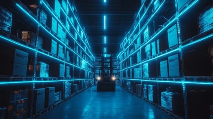 Poster - a cutting-edge retail logistics center equipped with electronic grids and a barcode scanner banner, 