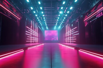 Wall Mural - Neon corridor stage, pink blue lights, concert background, event backdrop