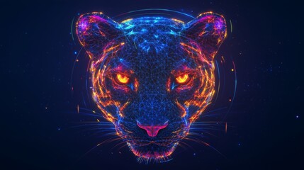 Wall Mural - Black Panther Animal Plexus with Neon Black Background, Digital Desktop Wallpaper in HD 4k Quality, Network Lights Glowing, Laser Motion, Bright and Abstract