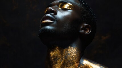 Poster - Striking hyperrealistic image of a black man with golden body contours elevated in relief positioned against a rich black backdrop showcasing the contrast of colors beautifully