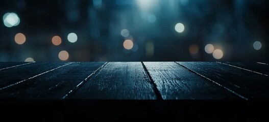 Wall Mural - The setting of a café offers an empty wooden table ideal for product displays, complemented by a blurred bokeh background that enhances the abstract nature of the bar restaurant or coffee shop