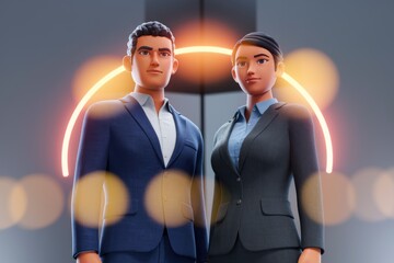 Poster - Two 3D animated business professionals, a man and a woman, stand confidently together, symbolizing teamwork and success.