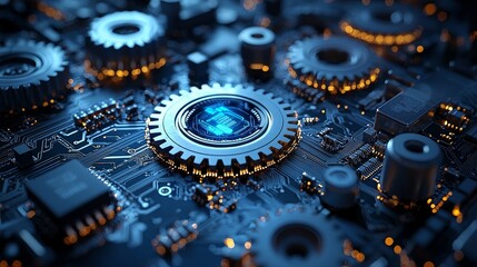 Poster - close-up view of gears on a blue technology background, featuring hi-tech digital technology and eng