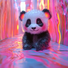 Poster - Vivid 3D image of a small panda with fluorescent tiedye ears sitting dynamically on a paintsplattered floor with swirling vortex patterns and neon lights illuminating the scene