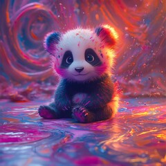 Poster - Vivid 3D image of a small panda with fluorescent tiedye ears sitting dynamically on a paintsplattered floor with swirling vortex patterns and neon lights illuminating the scene