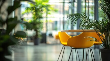 Aufkleber - A vibrant indoor area showcases sleek yellow chairs surrounded by leafy plants. Sunlight streams through windows, creating an inviting atmosphere for relaxation or work