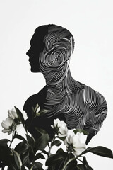 Poster - Minimalist collage featuring statue silhouette with floral elements and geometric patterns