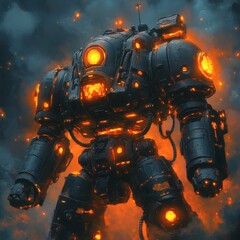Poster - Detailed depiction of futuristic battle mech with aggressive design glowing orange lights multiple jetlike wing extensions and a heavy cannon on its arm showcasing strength and mobility