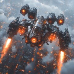 Poster - Detailed depiction of futuristic battle mech with aggressive design glowing orange lights multiple jetlike wing extensions and a heavy cannon on its arm showcasing strength and mobility