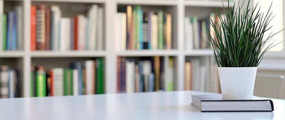 Poster - A modern room features a pristine white desk equipped with a spacious copy area for showcasing products, flanked by a substantial bookshelf