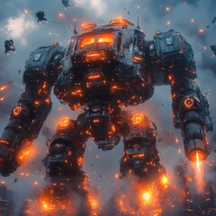 Poster - Detailed depiction of futuristic battle mech with aggressive design glowing orange lights multiple jetlike wing extensions and a heavy cannon on its arm showcasing strength and mobility
