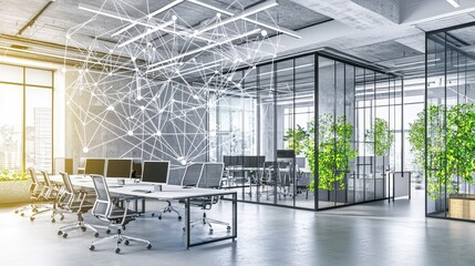 Poster - A modern office corridor depicted in a blurred image, illuminated by bright ceiling lights, symbolizing the work setting