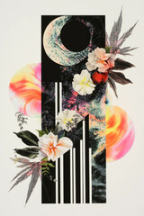 Poster - Minimalist collage featuring tie-dye pattern and floral elements on a white backdrop