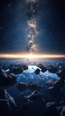 Poster - Asteroids navigating spaceships asteroid belt digital artwork cosmic environment wide angle striking visual representation of space