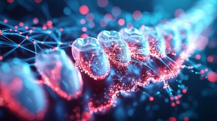 Poster - network pipeline made of glowing holographic data transfer lines, visualized in darkness
