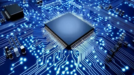 Poster - Abstract Blue Circuit Board Glowing Technology Background, Intricate Details, Digital Art.