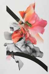 Poster - Minimalist collage blending swirling colors and floral elements on a white background